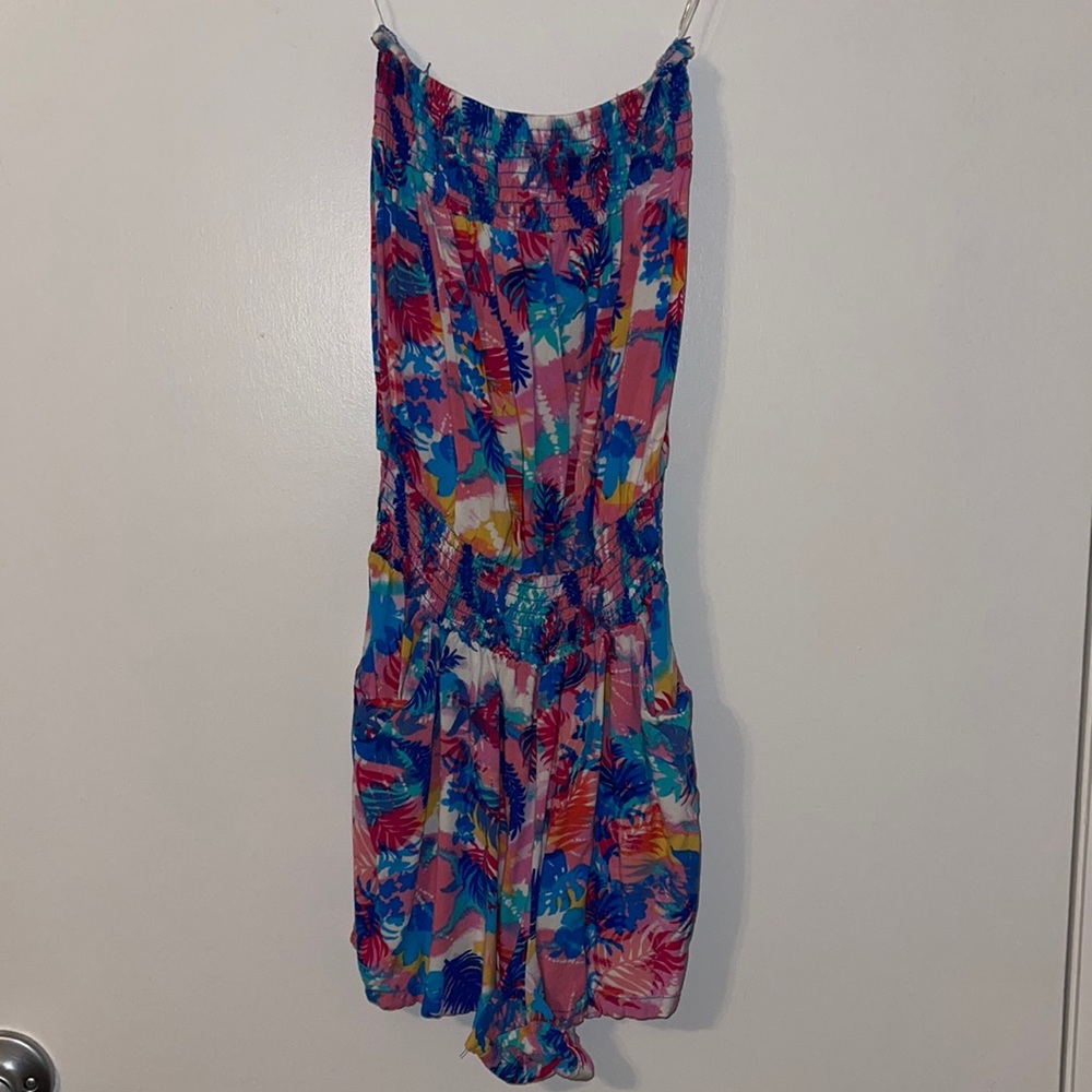 Tropical Print Strapless Romper
